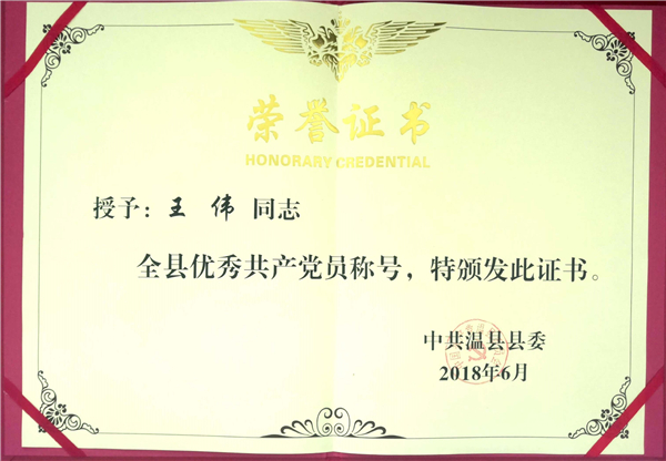 王偉2018年度被評(píng)為全縣優(yōu)秀共產(chǎn)黨員稱號(hào)